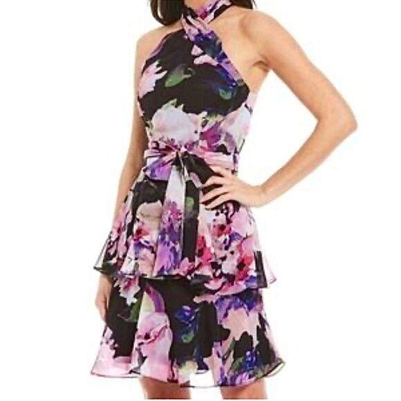 Alex Marie Dresses & Skirts - Alex Marie Dress Halter A line Mini sleeveless Pink Black Floral Tiered Size 8